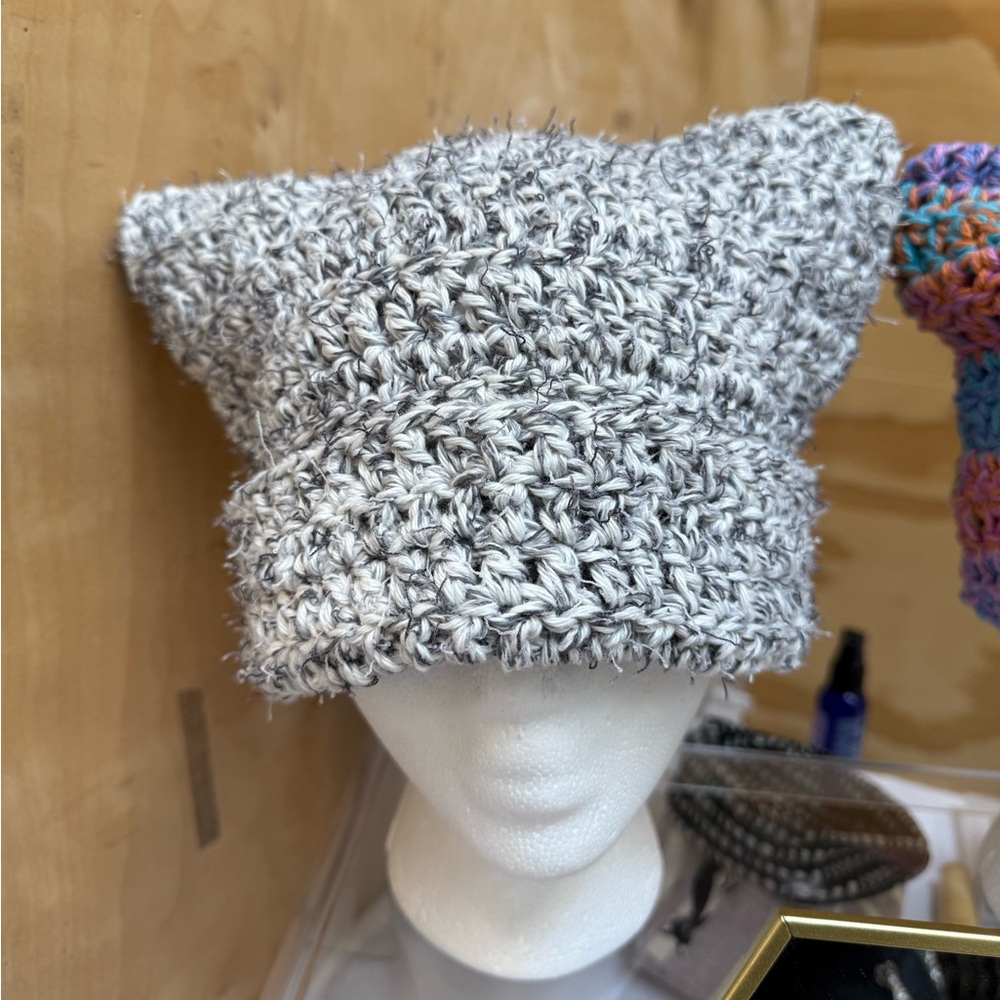Grey & white cat ear crochet beanie